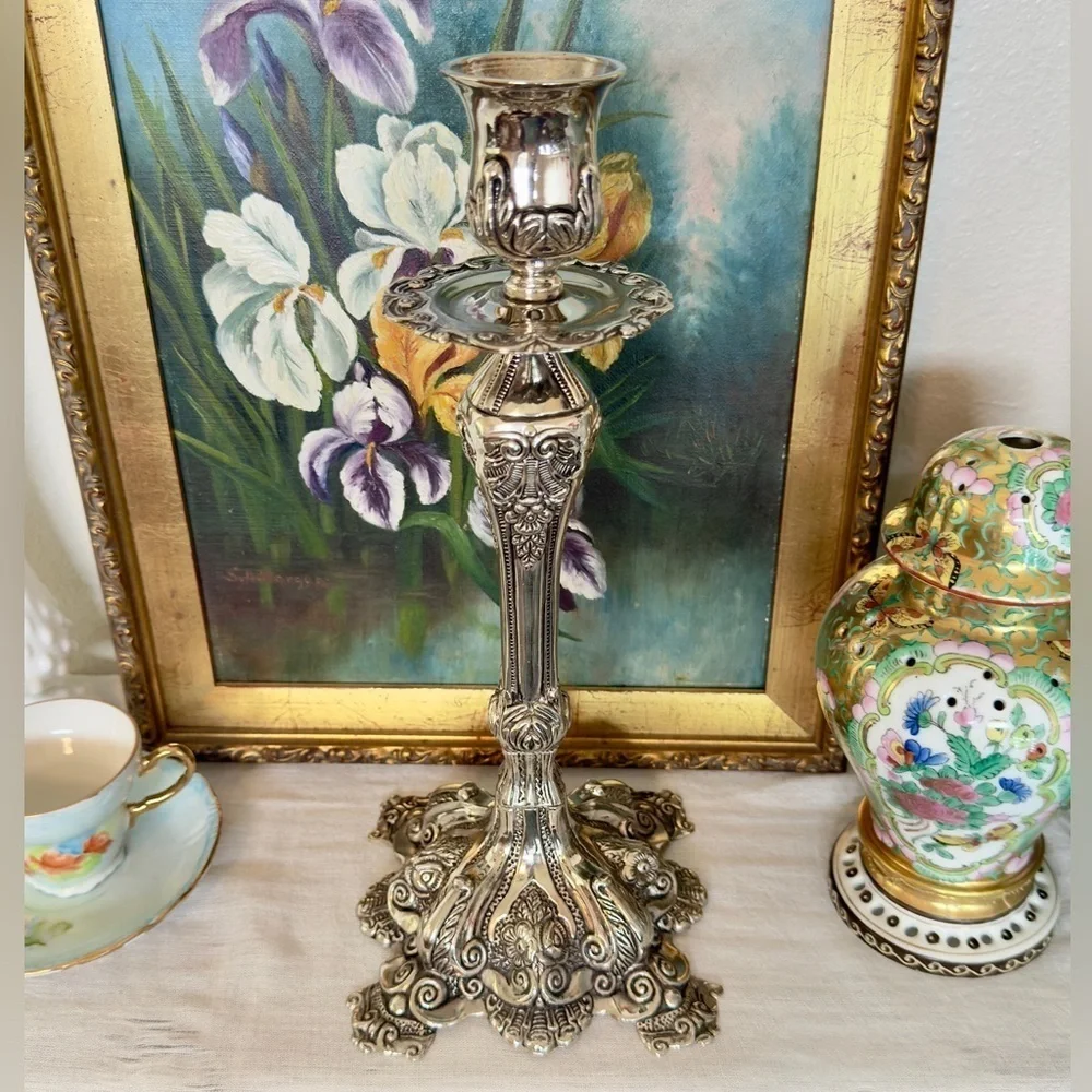 Vintage Silver-Plated Rococo Candlestick (11.5”)
